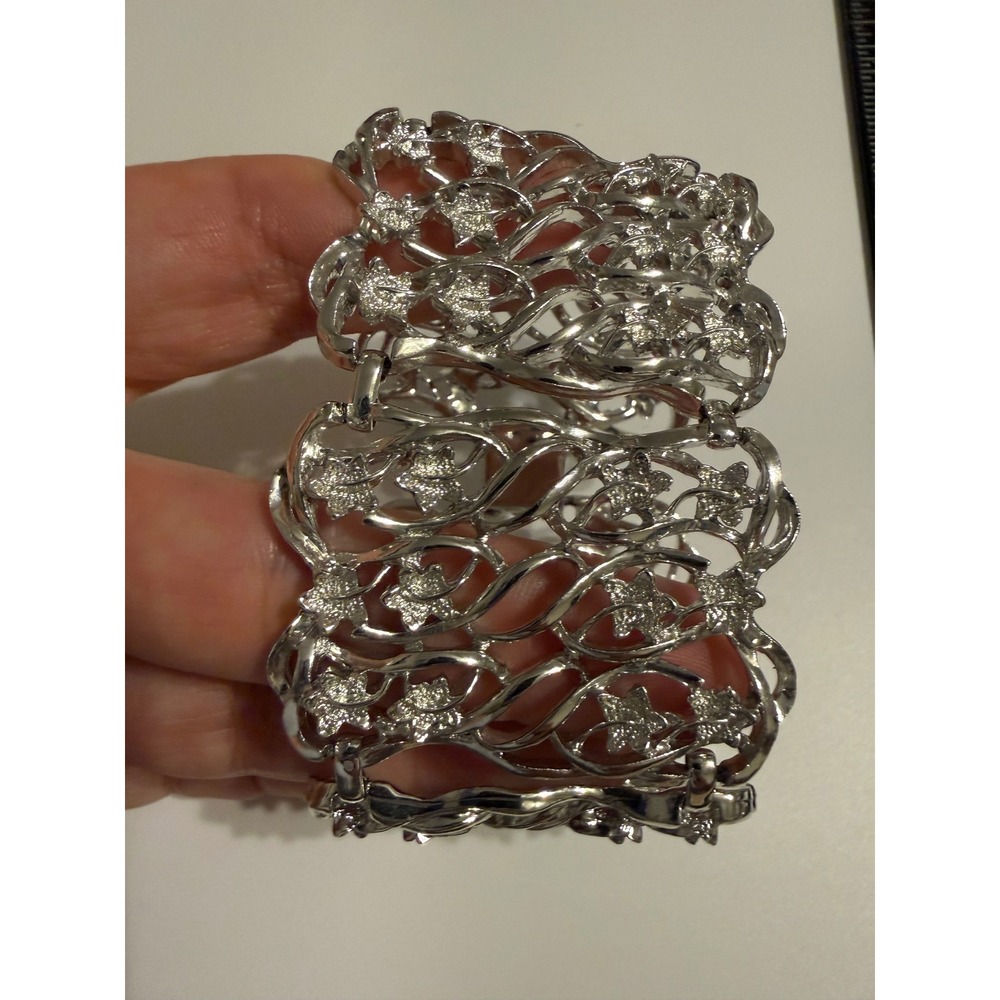 Silver Tone Wide Filigree Panel Link Statement Bracelet Ornate Openwork 7.5in